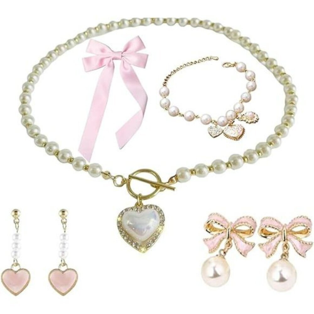 Pearl Coquette Jewelry Set Earrings Hair Bow Choker Necklace Bracelet Gift